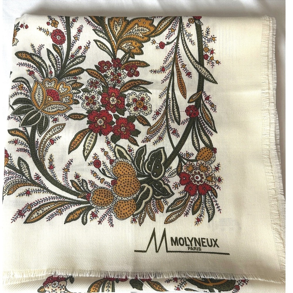 Vintage Molyneux Paris Scarf Italy Polyester Floral Botanical Cream 46x46 fringe